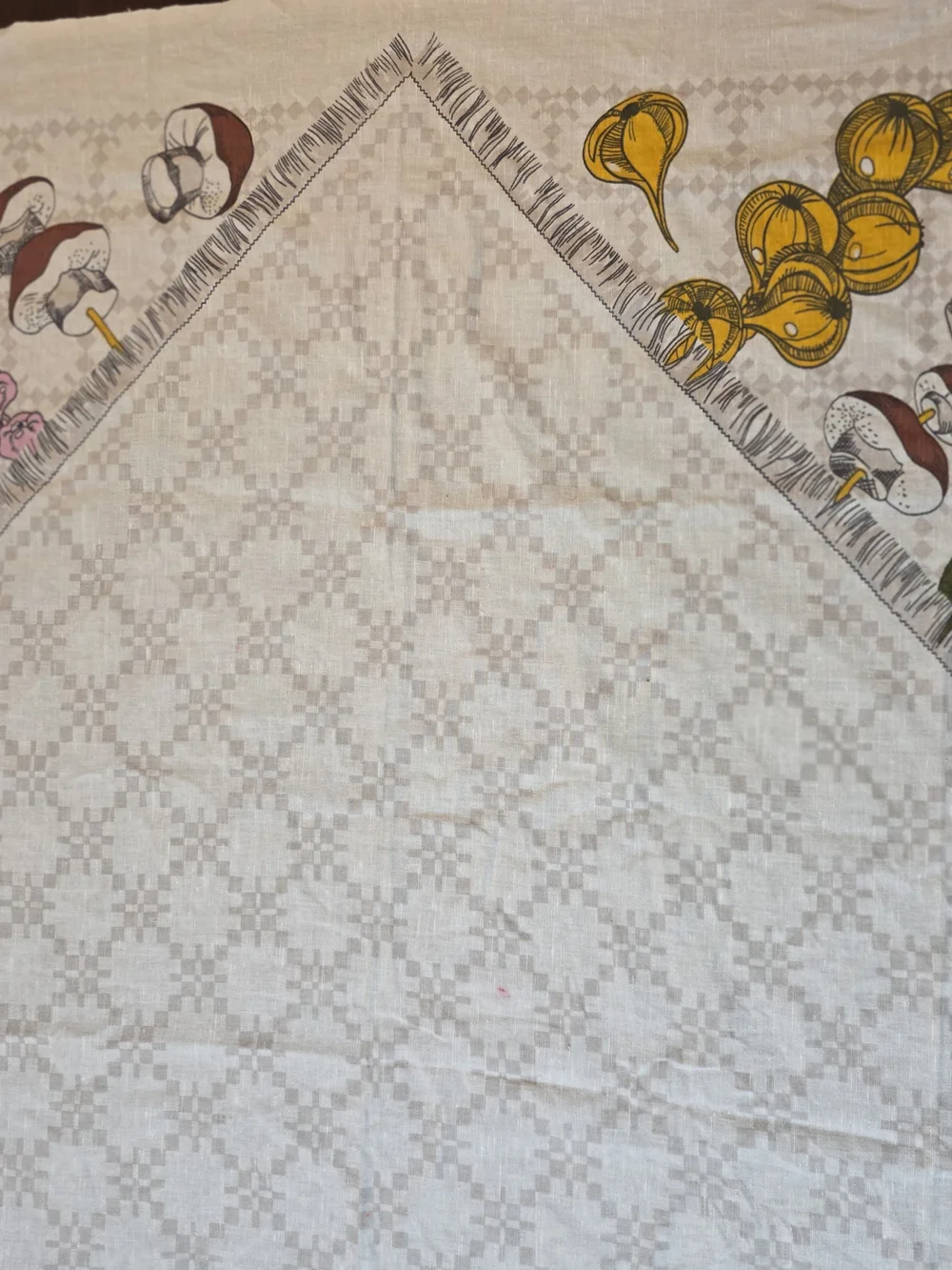 Vintage White Tablecloth with Yellow Pink And Brown Cottage Core Print